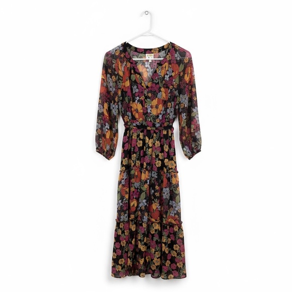Fig & Flower Anthropologie Floral Midi Dress Black Sheer 3/4 Sleeve Women’s Med‎ - Picture 2 of 7